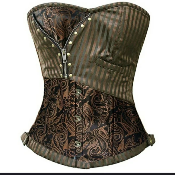Steampunk Retro Brocade Victorian striped Corset Golden Brown - Picture 11 of 16